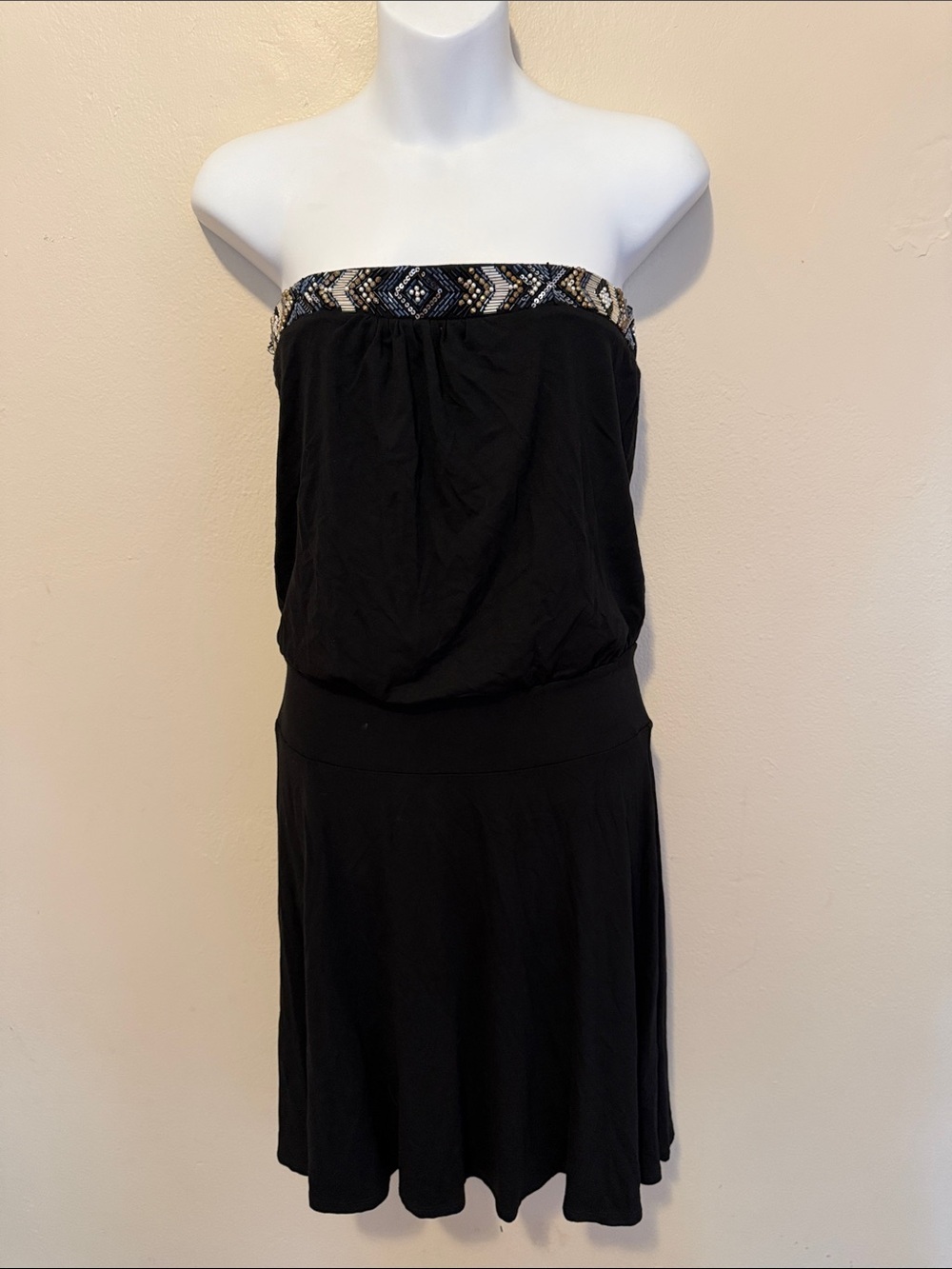 White House Black Market Black Strapless Dress with Beaded Trim